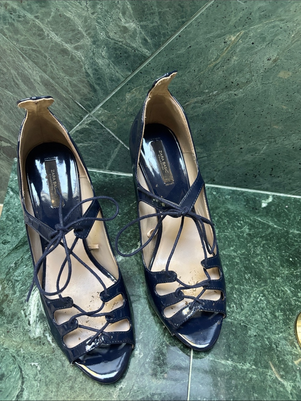 Zara Navy Lace-Up Patent Peep-Toe Heels